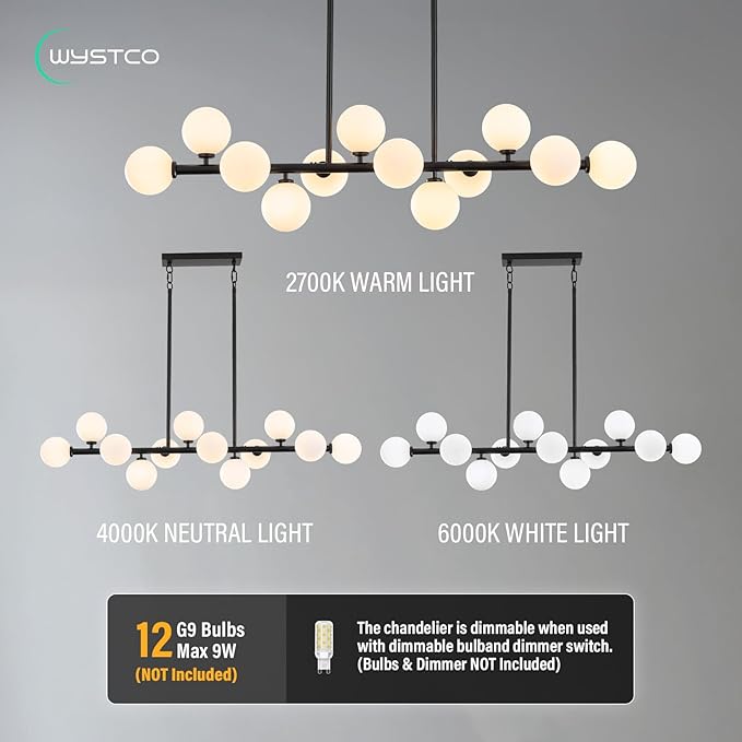 50 Inch Large Globe Sputnik Chandelier, 12-Light Mid Century Modern Light Fixture Over Table, Black Linear Chandeliers for Dining Room Kitchen Island Living (Milk White Glass Bubble Shades)