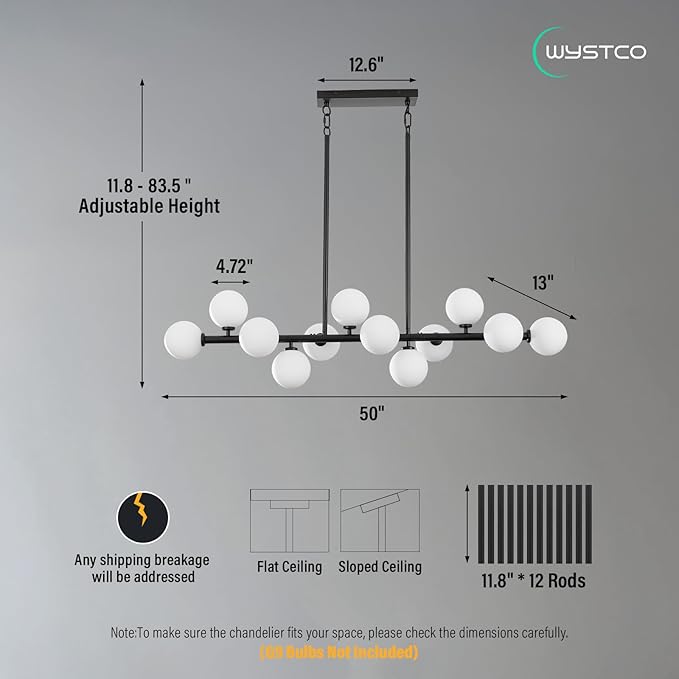 50 Inch Large Globe Sputnik Chandelier, 12-Light Mid Century Modern Light Fixture Over Table, Black Linear Chandeliers for Dining Room Kitchen Island Living (Milk White Glass Bubble Shades)
