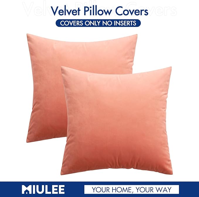 MIULEE Pack of 2, Velvet Soft Solid Decorative Square Throw Pillow Covers Set Cushion Cases Pillowcases for Spring Sofa Bedroom 18x18 Inch Coral Red