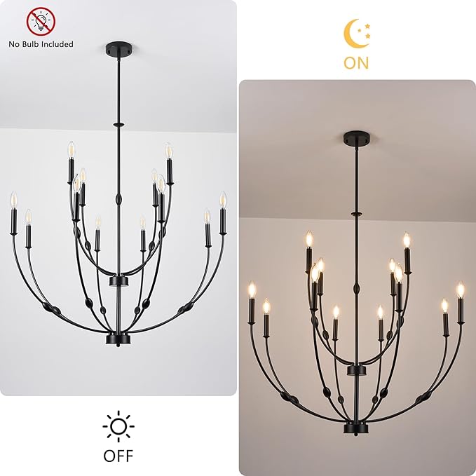 12-Lights Black Farmhouse Chandelier for Living Room, 35 Inch 2-Tiers Large Chandeliers for High Ceilings, Modern Rustic Candle Chandelier for Foyer Entryway