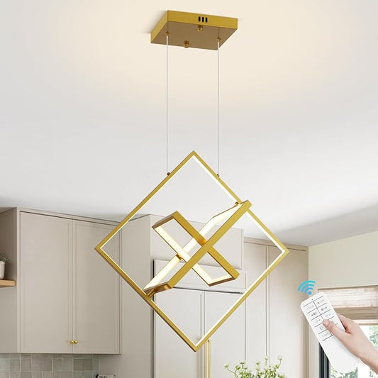 Modern LED Square Chandelier Gold LED Hanging Pendant Light with Remote Control Dimmable Contemporary Geometric Chandeliers Creative DIY Height Adjustable Lighting for Dining Room Entryway