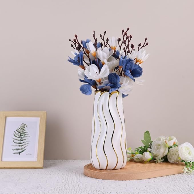 7.5" White Ceramic Vase - Minimalist White and Gold Flower Vase, Small Pampas Grass Vase, Boho Decorative Centerpiece Vase for Home Decor, Table, Shelf, Mantel, and Entryway