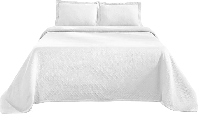 Superior 100% Cotton Basket Weave Bedspread with Shams, All-Season Premium Cotton Matelasse Jacquard Bedding, Quilted-Look Geometric Basket, Queen, White
