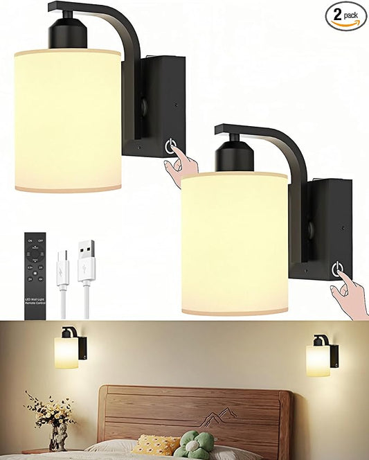 Wall Sconce Battery Operated Set of 2, 6000mAh Rechargeable Wall Lights with Touch Control and Remote Control, Wireless Wall Lamps for Bedroom, Black Sconces Wall Decor for Living Room Hallway