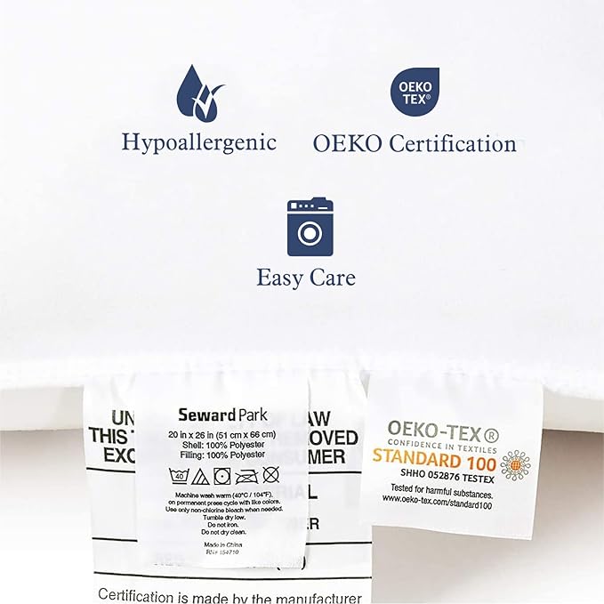 Seward Park Bed Pillow King Size Set of 2, Shams Insert 20 x 36 inch, Down Alternative Cooling Pillows for Stomach, Side or Back Sleeper