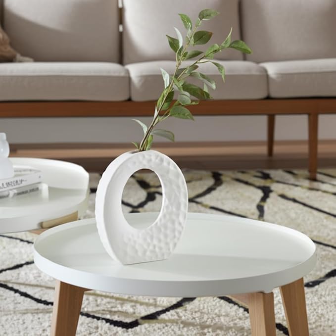 Modern Stoneware Vase with Rough Finish and Open Cut-Out – Contemporary Decorative Ceramic Flower Holder – Unique Home Decor Accent for Living Room, Bedroom, Office, or Dining Table –7", White
