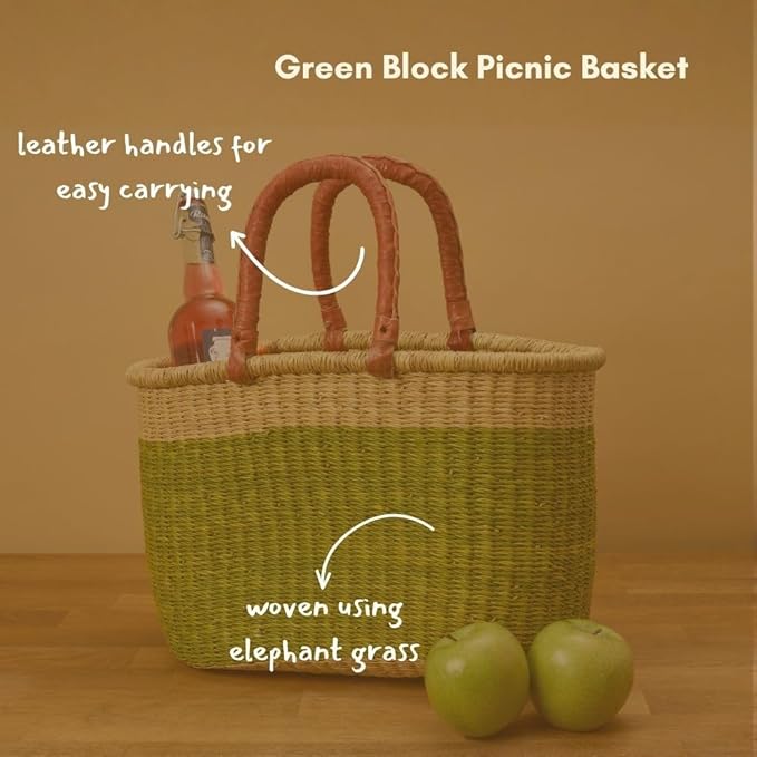 Green Block Picnic Basket, Reusable Grocery Bag, Farmers Market Tote, Shopping, Fruit Picking, Harvesting, Foraging, Kitchen Countertop, Decorative, Wicker, Woven
