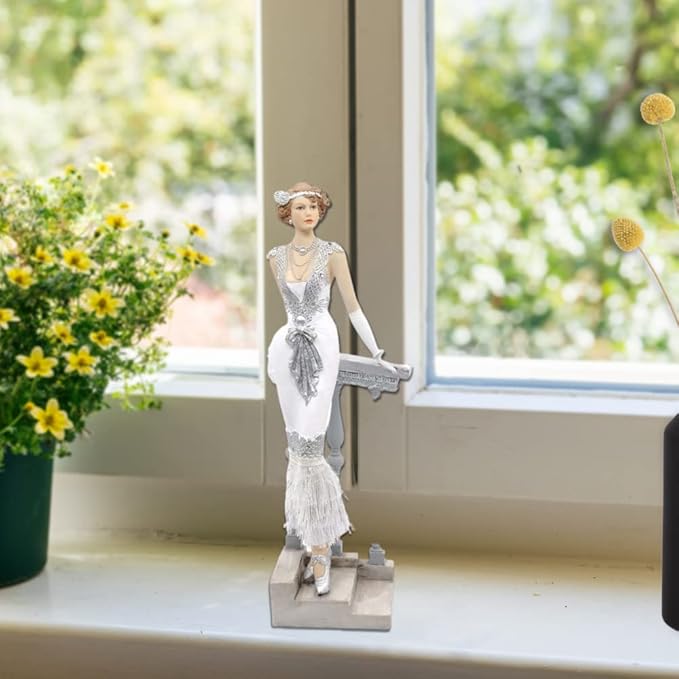 Comfy Hour Glamour Elegance Victorian Style Lady Collection Standing Lady Leaning Against Stair Handrail Collectible Figurine,13-inch Height, Silvery, Polyresin