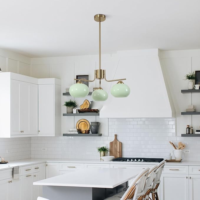 KCO Lighting Vintage Green Glass Chandelier 3 Light Globe Sputnik Chandeliers Modern Brushed Gold Chandelier Mid Century Flush Mount Chandelier Light Fixture