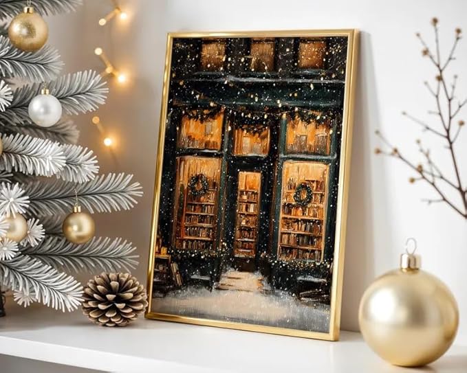 Vintage Christmas Wall Art, Cozy Bookstore Front with Wreaths and Snowy Street, Classic Holiday Winter, Warm Lights Winter Bookshop Painting, Festive Seasonal Christmas Decor (Unframed) (12x18)