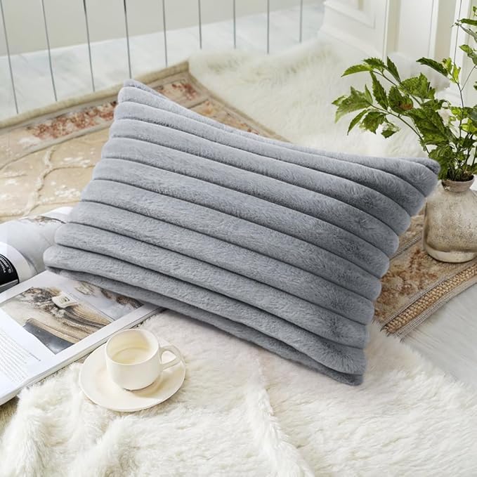 decorUhome Faux Fur Christmas Throw Pillow Covers 12x20 Set of 2, Decorative Soft Plush Striped Lumbar Neutral Couch Euro Pillow Covers with Velvet Back for Sofa, Bed, Living Room Home Decor, Grey