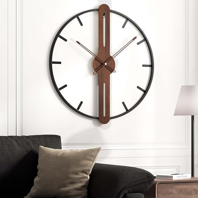 24 Inch Large Wall Clock for Living Room, Modern Silent Non Ticking Battery Operated Big Clock, Rustic Minimalist Wood Metal Frame Decorative Wall Clocks for Office, Bedroom, Kitchen