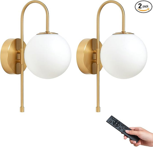 Battery Operated Globe Wall Sconces Set of 2, Wireless Gold Wall Lights with Remote Control, Rechargeable 3 Color Stepless Dimming Gooseneck Wall Decor Lamp for Bedroom Living Room Hallway