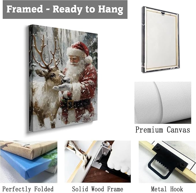 Santa With Reindeer Wall Art Prints,Vintage Christmas Santa Reindeer Print,Rustic Holiday Winter Cottagecore Decor
