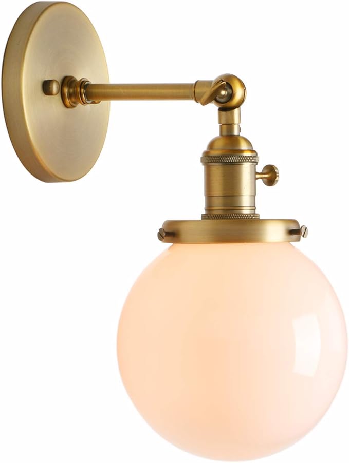 PERMO Vintage Wall Sconce Lighting Fixture with 5.9" Round Globe Milk White Glass Hand Blown Shade Hardwired Wall sconces with Switch (Antique Brass)