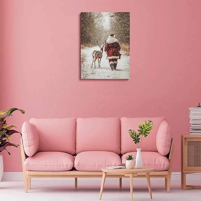 Santa Claus Reindeer Wall Art Print,Forest Snowfall in Winter Print,Christmas Home Decor,Deer Christmas Print