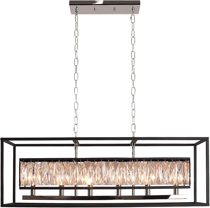 Vezzio Modern Crystal Chandelier 6-Light Black Gold Rectangle Chandelier for Dining Room Luxury Pendant Light Fixture for Kitchen Island Foyer L35''