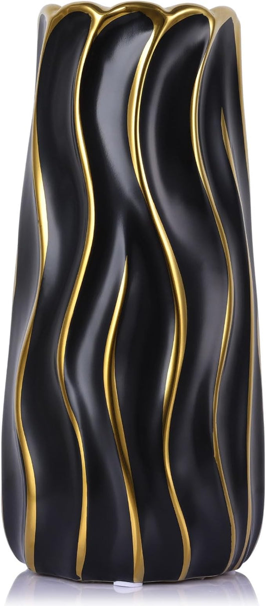 7.5" Black Ceramic Vase - Minimalist Black and Gold Flower Vase, Small Pampas Grass Vase, Boho Decorative Centerpiece Vase for Home Decor, Wedding, Housewarming, Table, Shelf, Mantel, and Entryway