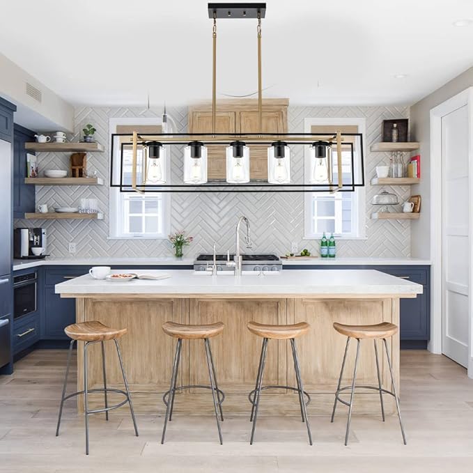 5-Light Farmhouse Chandelier Black and Brass Island Pendant Light Fixture with Clear Glass Shades, Rectangular Hanging Lighting for Kitchen or Dining Room
