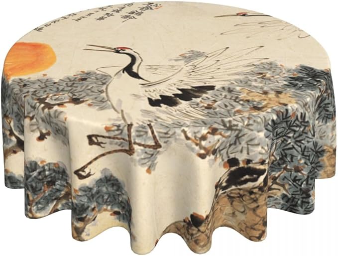 Japanese Tablecloth, Traditioanal Chinese Landscape Oriental Crane Vintage Ink Painting Water Resisitant Wipeable Table Cover for Dining Kitchen Living Room Home Party Holiday Decor 70 inch Round