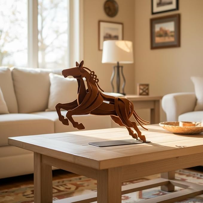 Handcrafted Flocked Iron Horse Sculpture, Handmade Rustic Metal Horse Statue, Dynamic Leaping Horse Figurine for Home Decor, Office Desk Decor, Gift for Horse Lovers