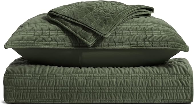 EverGrace Velvet Quilt Queen Size, Luxury Velvet Bedding Set, Ultra Soft Ruched Quilt Sets, Lightweight Comforter Vintage Textured Bedspread Coverlet with 2 Shams for All Season, Olive Green