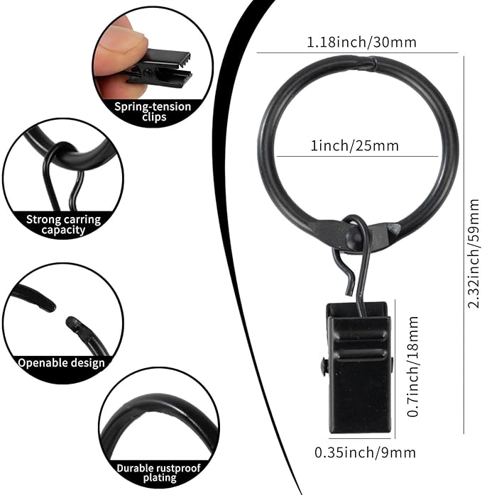 Openable Curtain Rings with Clips,1inch inner diameter,Heavy Duty Rustproof Metal Decorative Vintage Drapery Rings Curtain Clips Rod Hangers Door Curtain and Shower Curtain Rings Black Zocang