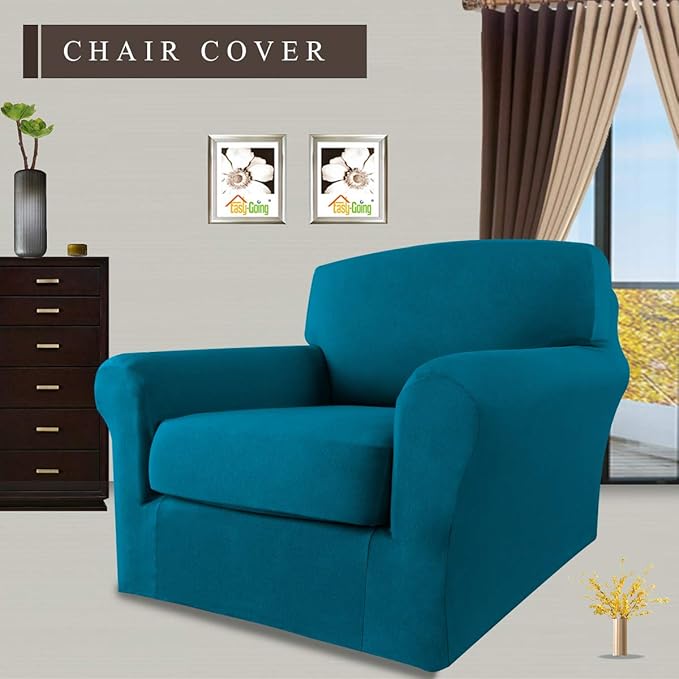 Easy-Going 2 Pieces Fleece Stretch Chair Sofa Slipcover Washable Sofa Couch Cover, Spandex Soft Fitted Furniture Protector, Kids, Pet, Dog (Chair, Peacock Blue)