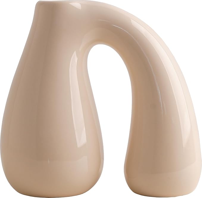 Cream White Ceramic Decorative Pitcher Vase, 7.5 in – Glossy Sculptural Arch-Handle, Modern Home Décor Accent for Fresh or Dried Floral Arrangements, Table/Shelf/Entryway, Giftable