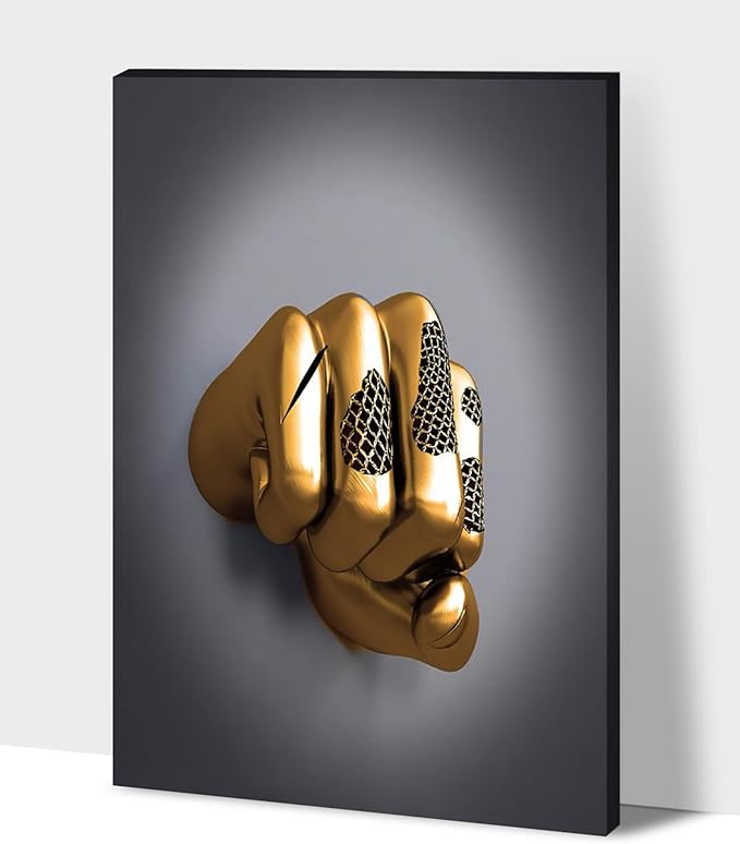 3D Wall Art - Abstract 3D Metal Effect Canvas Wall Art, 3D Modern Wall Art for Office, Golden Boxer Gesture 3D Art Wall Decor for Modern Bedroom Decor Framed 24”x36”x1Pcs