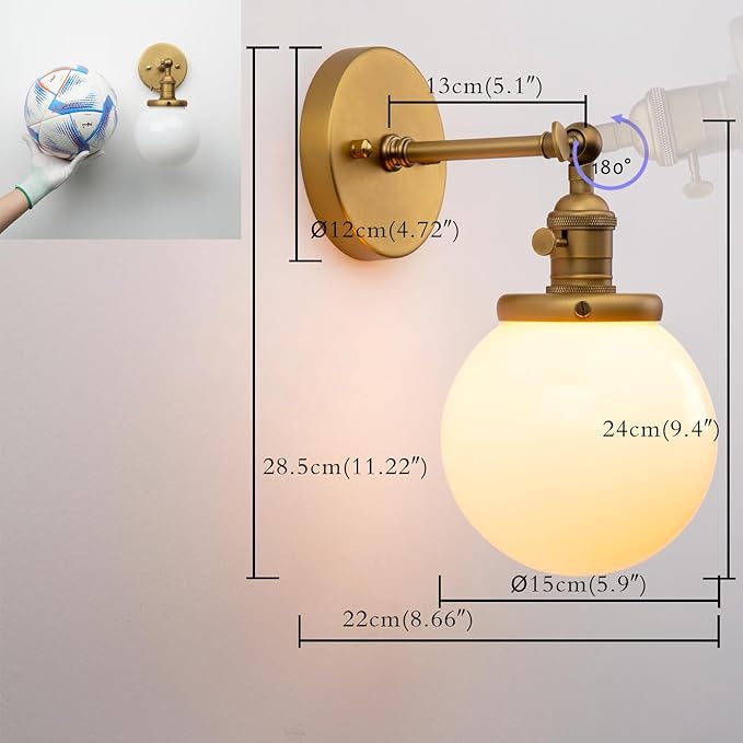 PERMO Vintage Wall Sconce Lighting Fixture with 5.9" Round Globe Milk White Glass Hand Blown Shade Hardwired Wall sconces with Switch (Antique Brass)