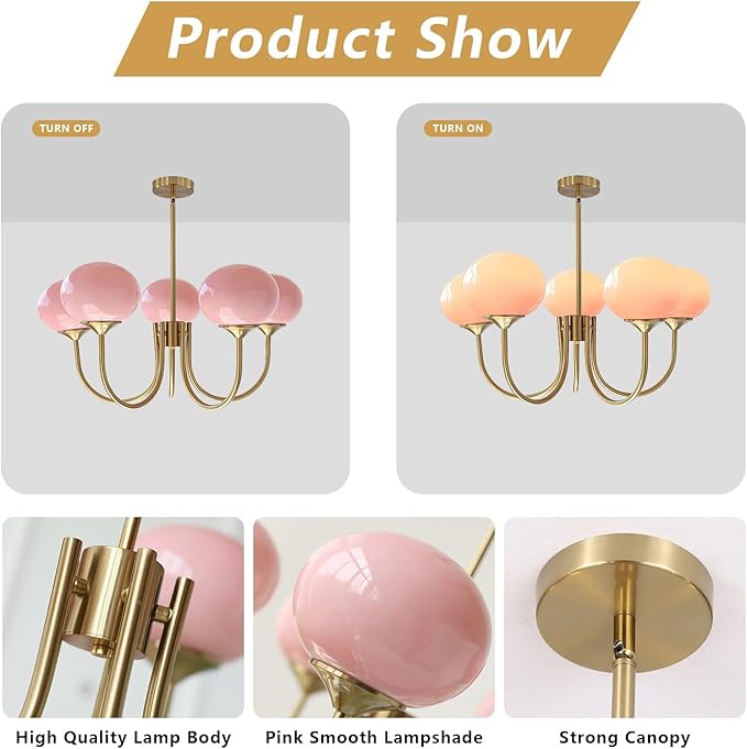BOKT 5 Light Gold Globe Sputnik Chandelier Modern Pink Glass Sputnik Pendant Lights Kitchen Island Mid Century Vintage Brushed Brass Ball Chandelier Light Fixture for Bedroom Dining Living Room