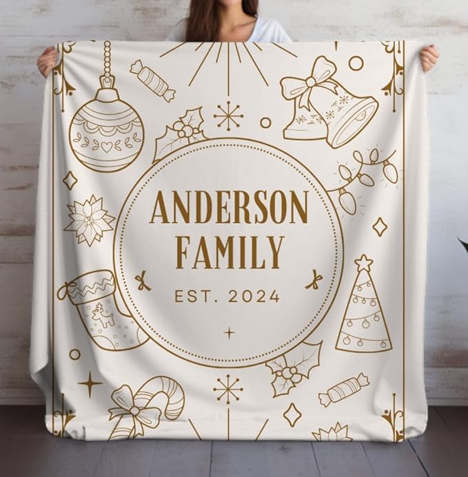 Elegant Gold Line Art Holiday Throw Blanket with Ornaments & Custom Name, Personalized Family Christmas Blanket