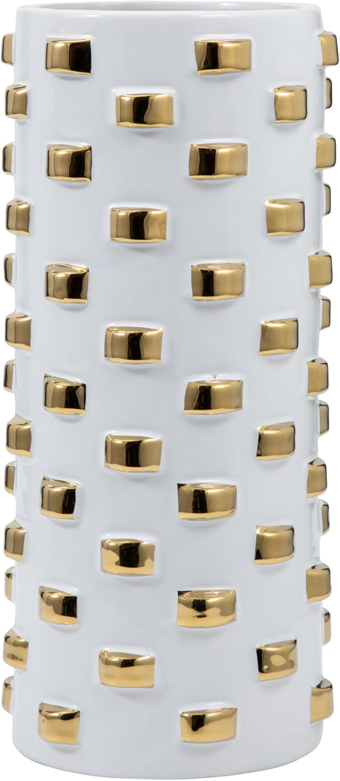 Modern Glam Stoneware Vase with Geometric Accents – Decorative Ceramic Flower Holder – Elegant Home Decor Accent for Living Room, Bedroom, Dining Room, or Office – 11", White and Gold
