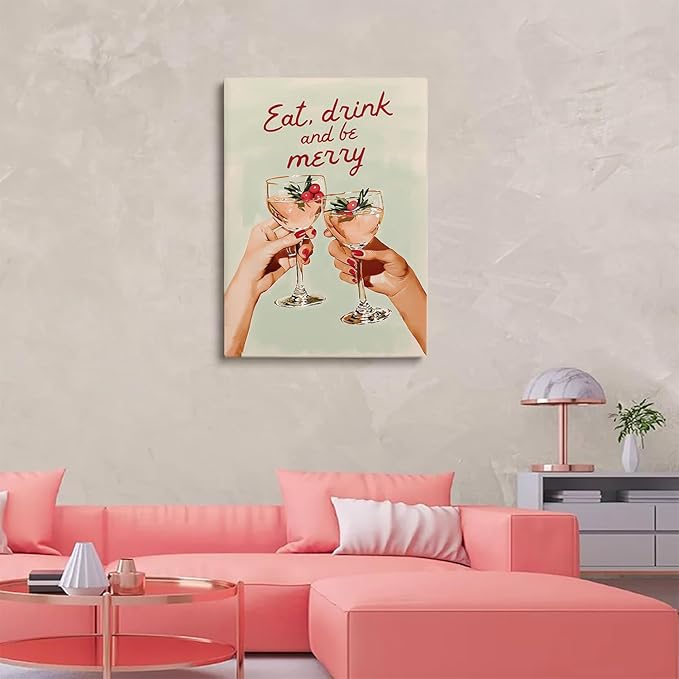 Trendy Christmas Bar Cart Art Print: Eat Drink Be Merry Poster,Christmas Bar Cart Prints,Drink Poster,Cheers Xmas Woman Painting