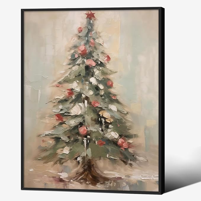 Winter Christmas Tree Wall Art Vintage Nature Botanical Pine Poster 12x16 inch Black Framed Forest Cottagecore Canvas Painting Prints for Living Room Office Wall Decor