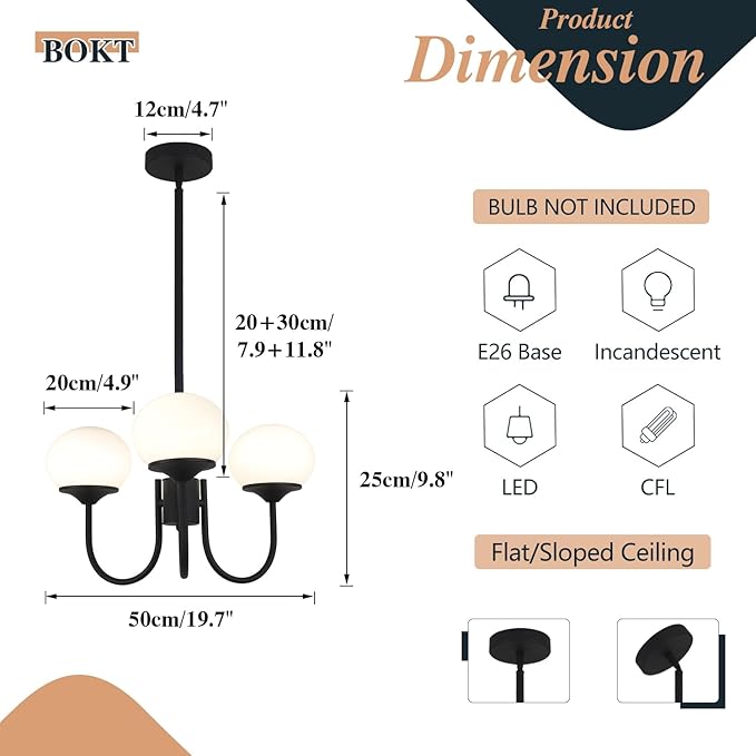 BOKT Dining Room Light Fixtures Over Table, Black Chandeliers for Farmhouse, Foyer Lighting Fixture with White Glass Shade for Kitchen