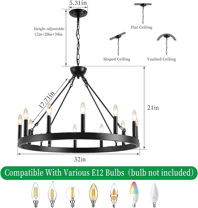 Wagon Wheel Chandelier 32" 12-Light, Round Black Chandeliers Farmhouse Modern Wagon Wheel Light Fixtures, for High Ceiling Dining Living Room, Foyer, Entryway