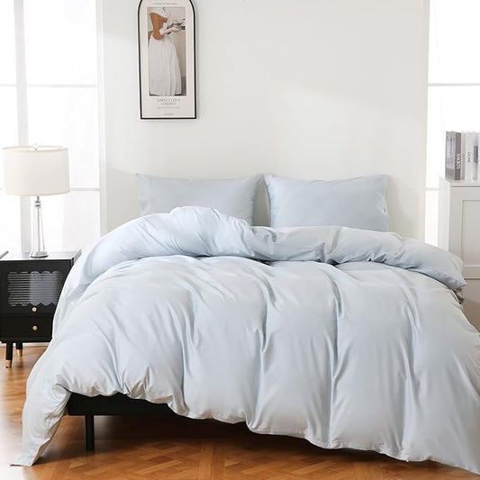 100% Organic Cotton California King Duvet Cover 400 Thread Count Percale 104x98 Inches Sateen Comforter Cover Soft and Breathable Bedding Set 3 Piece（Light Blue,Cal King）