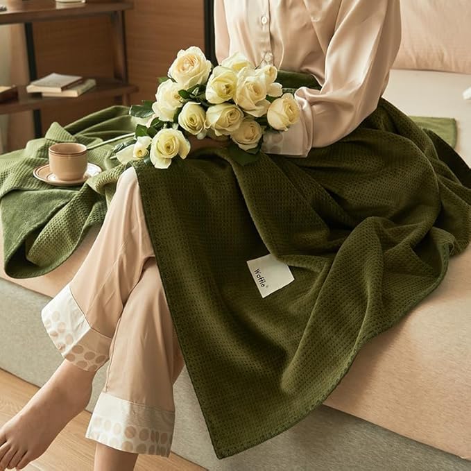 Luxury Ultra-Soft Milk Flannel Velvet Waffle Weave Throw Blanket for Couch Sofa Chair Bed - Pet Cats Feeling - Nordic Modern Aetec Style - Lightweight Cozy Fluffy Comfy - Olive Green 50"x60"