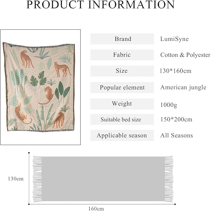 Double-Sided Cotton Woven Throw Blanket with Tassel Jungle Bohemian Style Tapestry Shawl Multi-Function Decorative Throws for Sofa Bed Armchair Camping Blanket Tablecloth Carpet 160x130cm