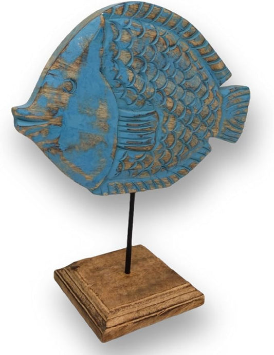 Farmhouse World Wooden Fish Sculpture Coastal Decor for Home | Handmade Fish Statue on Stand Sea Nautical Beach House Decor Art Piece | Rustic Table Shelf Decor for Office, Living Room (Puffer Fish)