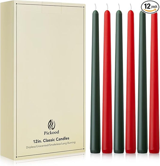 12-Inch Tall Dripless Taper Candles Set of 12 - Red and Green Tapered Candles, Perfect for Christmas - Smokeless, Unscented, Long Burning - Hand Poured, Colored Tall Candlesticks - Christmas