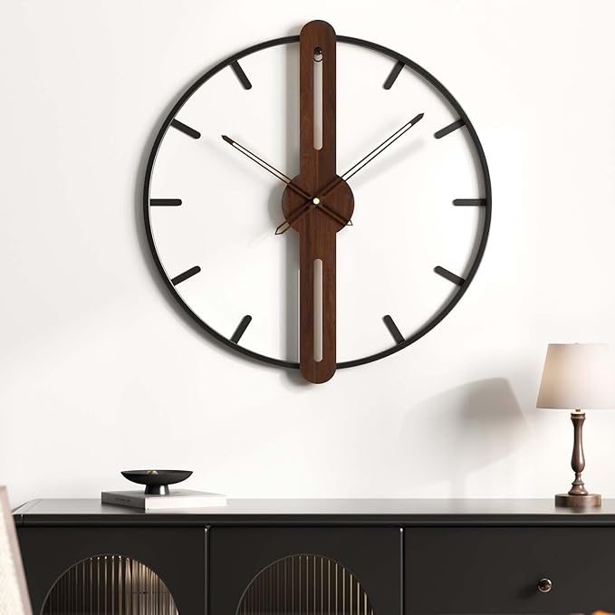 24 Inch Large Wall Clock for Living Room, Modern Silent Non Ticking Battery Operated Big Clock, Rustic Minimalist Wood Metal Frame Decorative Wall Clocks for Office, Bedroom, Kitchen