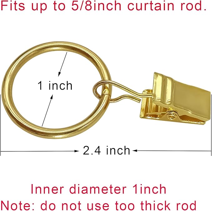 100 Pack Curtain Rings with Clips, Curtain Clip Rings Hooks, Bow Hanger Clips for Hanging Drapery Drapes Bows, Ring 1 inch Interior Diameter, Fits up to 5/8" Rod, Gold