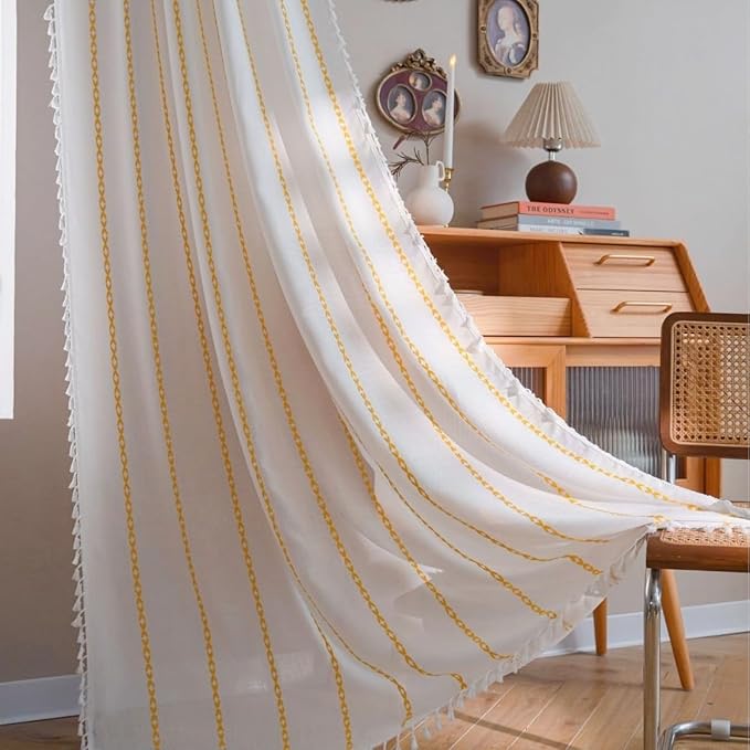 Sutuo Home Boho Curtains 90 inches for Bedroom Living Room, Semi Blackout Farmhouse Tassels Vintage Privacy Bohemian Embroidery Drape, Rod Pocket 1 Panel 52" W x 90" L, White and Gold