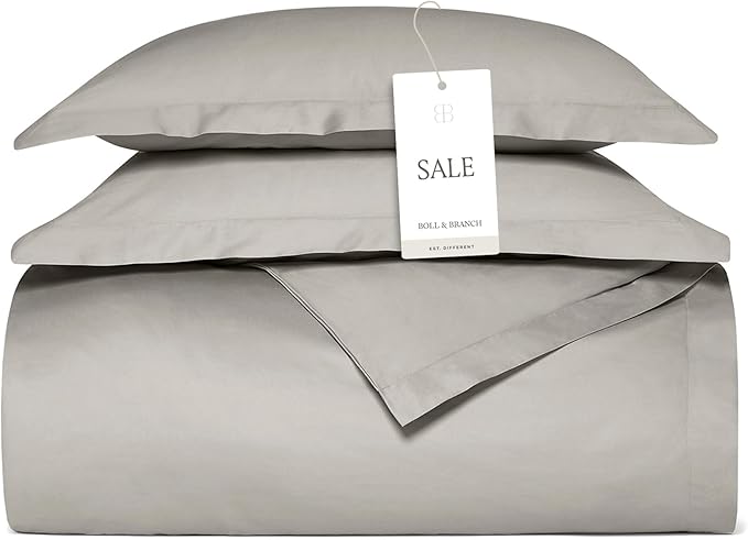 BOLL & BRANCH Signature Hemmed Duvet Set - Full/Queen, Pewter - Luxury 100% Organic Cotton - 1 Duvet Cover, 2 Shams - Buttery Soft, Hidden Closures