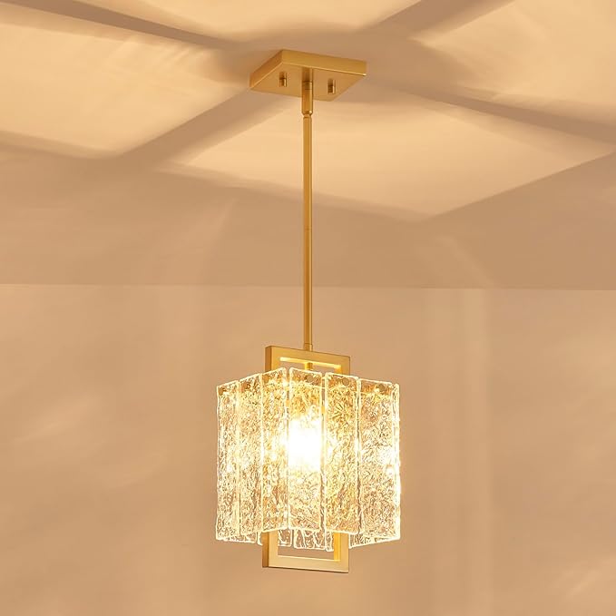 Shrine Lighting Gold Chandeliers, Modern Glass Pendnat Light for Dining Room, D6.3''×H19.5'', Adjustable 50.8'', 1 x E12 Sockets, Glass LampShade & Gold Finish Frame