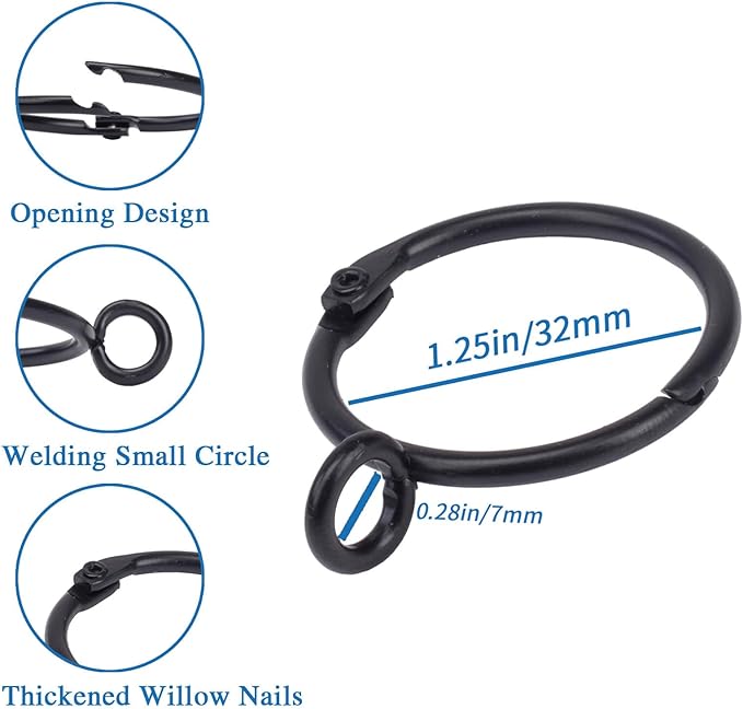 Openable Curtain Rings with Eyelet,24PCS Black Curtain Rings,Drapes Rings 1.25 in Interior Diameter,Hinge Snap-Joint Design, Fits Curtain Rods Up to 1 Inches TXZWJZ