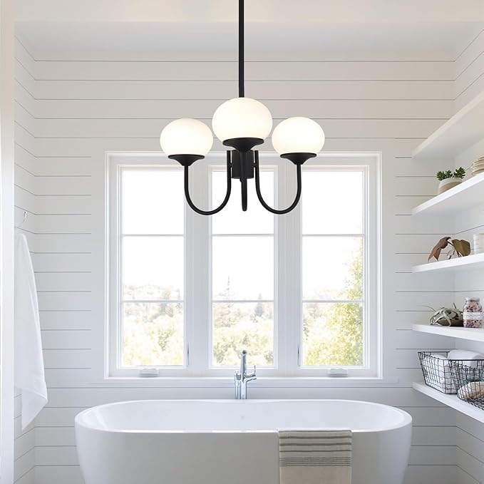 BOKT Dining Room Light Fixtures Over Table, Black Chandeliers for Farmhouse, Foyer Lighting Fixture with White Glass Shade for Kitchen